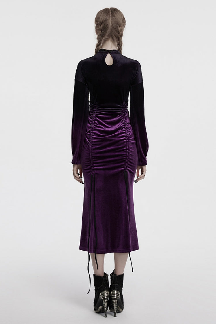 Black/Purple Drawstring Long Sleeves Gradient Women's Gothic Dress