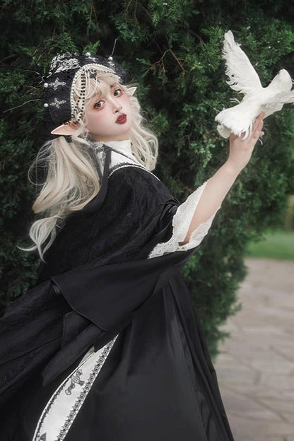 Black [Cross Nun] Stand Collar Off Shoulder Print Bowknot Gothic Elegant Lolita Dress