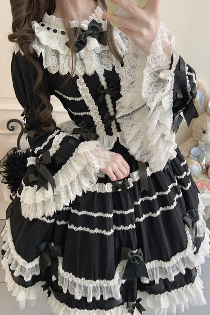 Black Round Collar Long Trumpet Sleeves Hanayome Bowknot Lace Daily Sweet Elegant Princess Lolita Dress