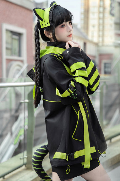 Yellow/Green/Black Long Sleeves Print Cat Ears Hooded Jirai Kei Handsome Coat
