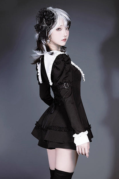 Black/White Long Sleeves Ruffle Bowknot Jirai Kei Japanese Witch Set
