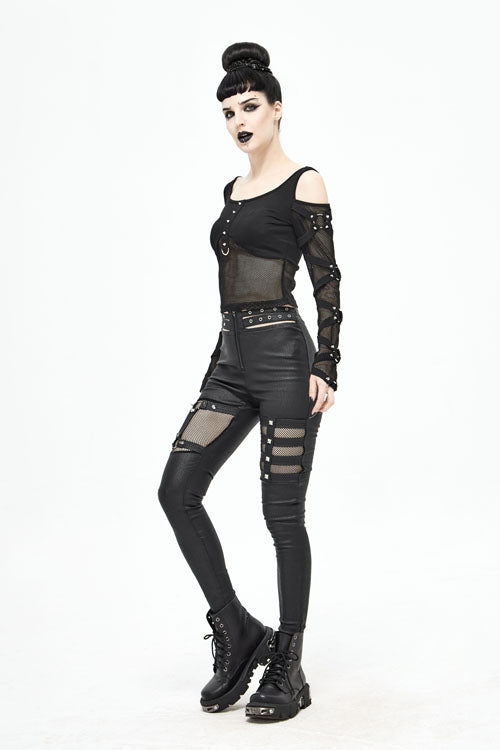 Black Sexy Mesh Spliced Off The Shoulder Long Sleeves Women Punk T-Shirt
