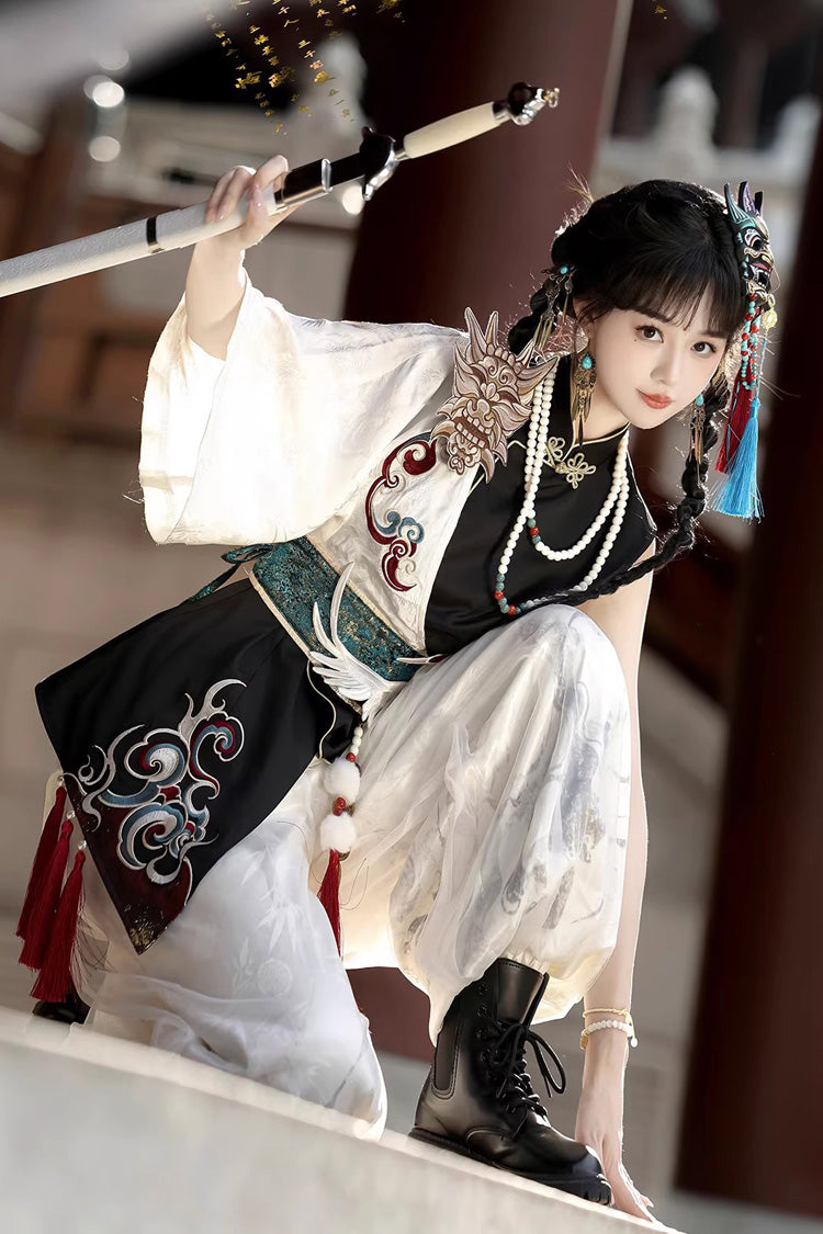 Black/White Stand Collar Single Long Sleeve Printed Embroidered Asymmetric Chinese Style Ouji Set