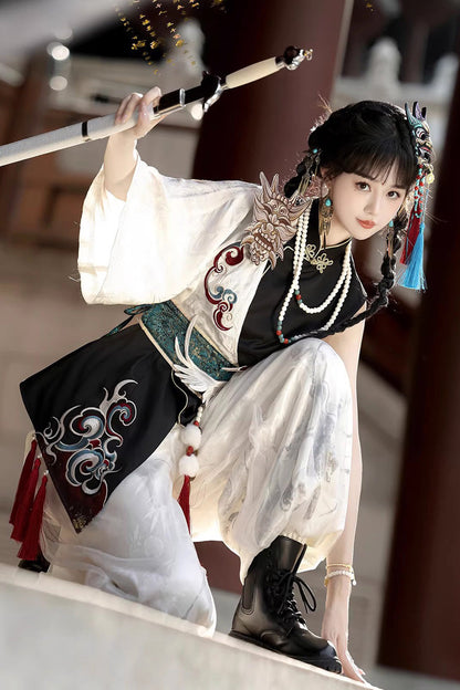 Black/White Stand Collar Single Long Sleeve Printed Embroidered Asymmetric Chinese Style Ouji Set