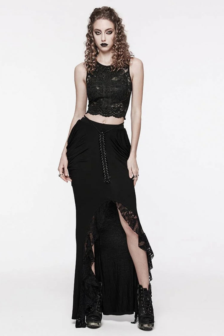 Black Sleeveless Hollow Cross Embroidery Lace Womens Gothic Vest