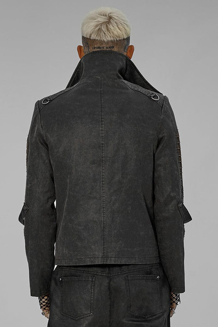 Grey Punk Post Apocalyptic Stitching Asymmetric High Neck Metal Embellished Short Loose Men's Coat