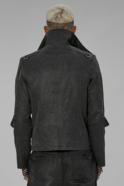 Grey Punk Post Apocalyptic Stitching Asymmetric High Neck Metal Embellished Short Loose Men's Coat