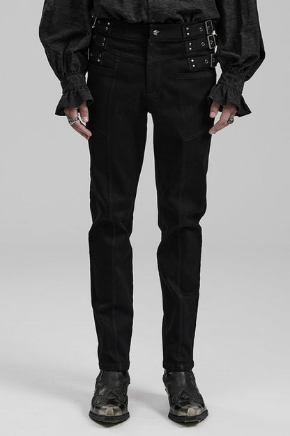 Black Slim Straps Symmetrical Men's Steampunk Straight Leg Pants