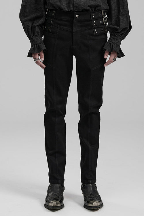 Black Slim Straps Symmetrical Men's Steampunk Straight Leg Pants