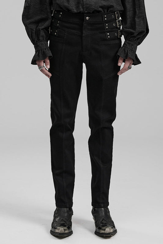 Black Slim Straps Symmetrical Men's Steampunk Straight Leg Pants