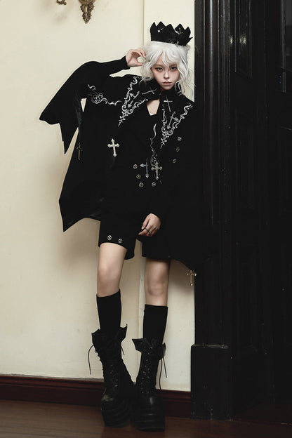 Black [The Eternal Night Descends] Embroidered Ouji Gothic Lolita Cloak Shorts Set