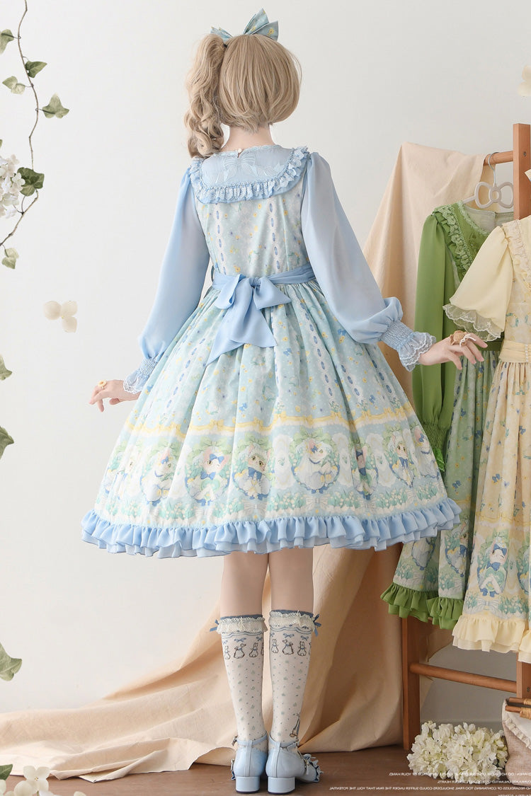 Blue [Lily of the Valley Cat] Print Ruffle Embroidery Bowknot Sweet Lolita Dress