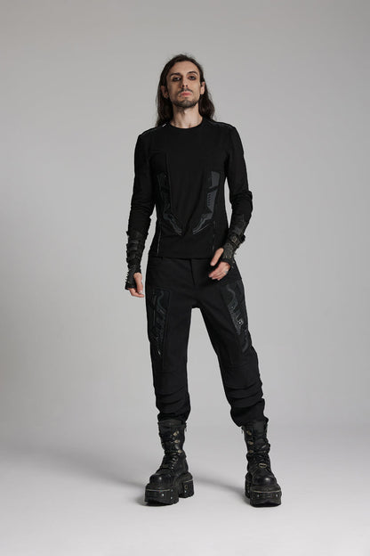 Black Round Collar Long Sleeves 3D Amor Patch Print Men's Punk T-Shirt