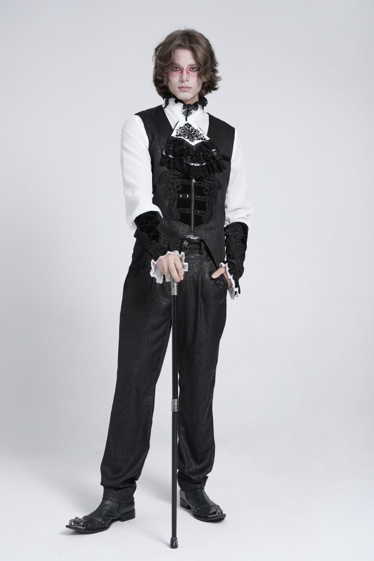 Black Sleeveless Floral Embroidery Stitching Velvet Men's Gothic Vest