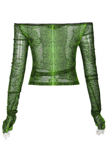 Green Long Sleeve One Word Collar Half Cut Finger Cuffs Tight Python Serpent Print Women's Punk T-Shirt
