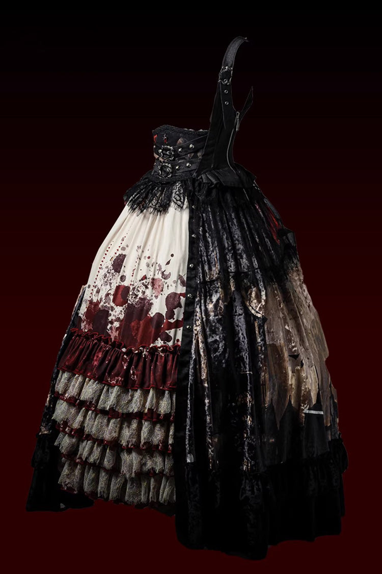 [Heretical Nun] Sleeveless Multi-Layered Printed Ruffled Open-Front Gothic Plus Size Lolita Strap Dress Long Version 2 Colors