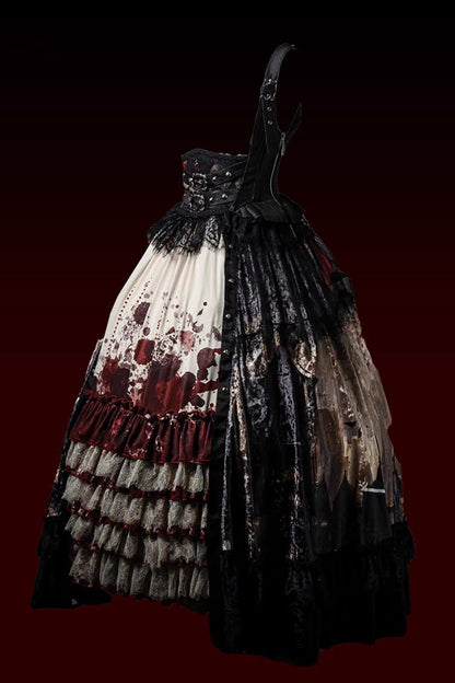 [Heretical Nun] Sleeveless Multi-Layered Printed Ruffled Open-Front Gothic Plus Size Lolita Strap Dress Long Version 2 Colors