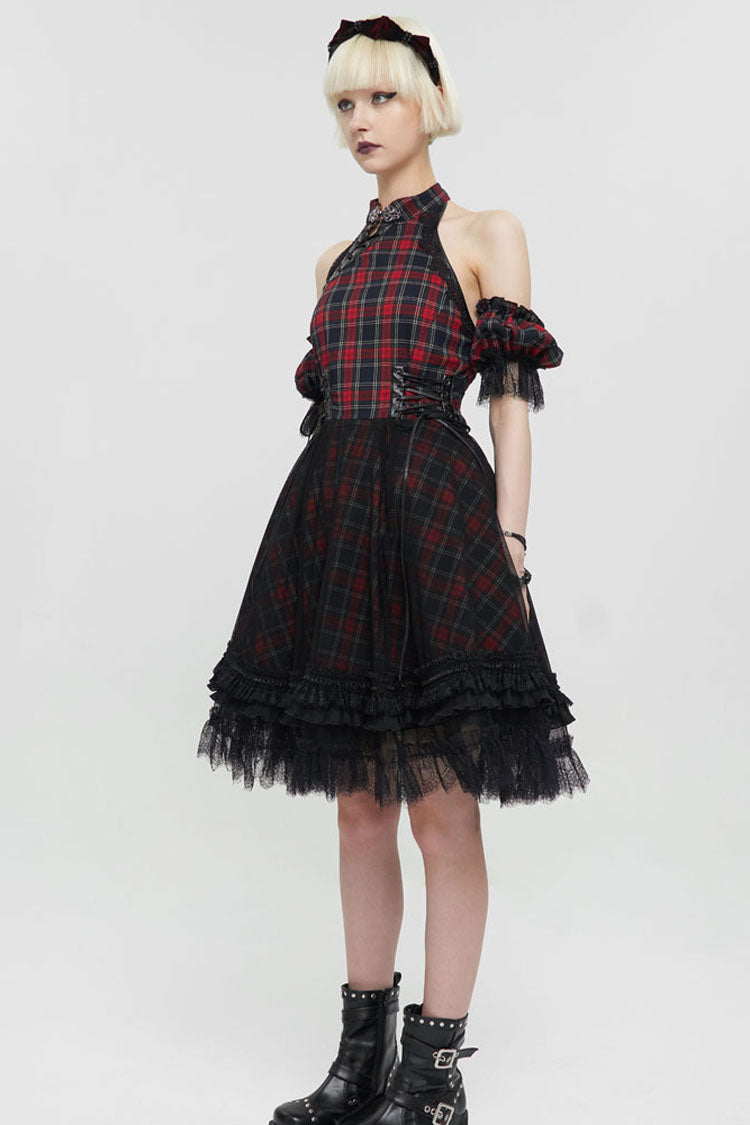 Black/Red Punk Off The Shoulder Plaid Chinese Style Cheongsam Collar Oversized Hem Women's Dress