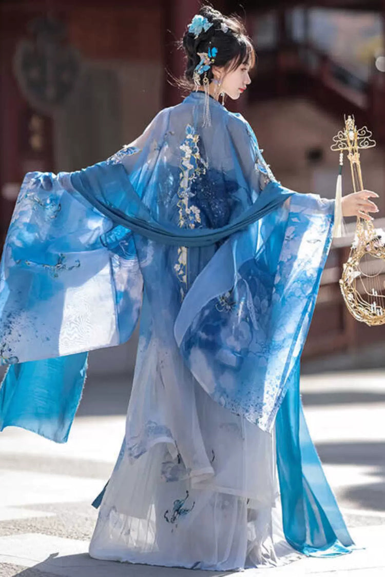 Blue Print Embroidery Women's Gorgeous Hanfu Dress Full Set