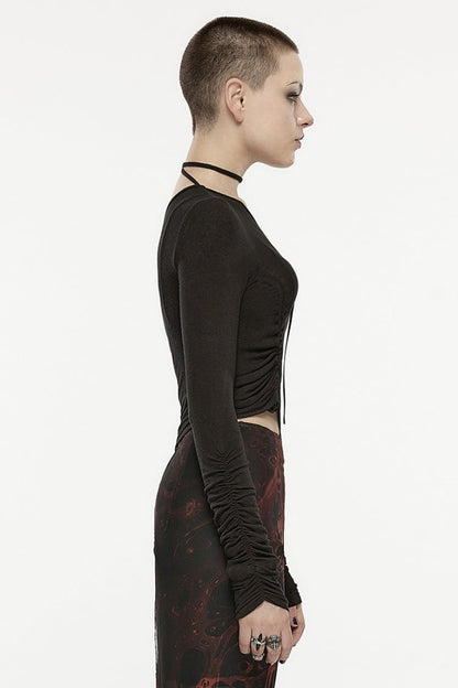 Black Slash Shoulder Long Sleeves Asymmetric Women's Gothic T-Shirt