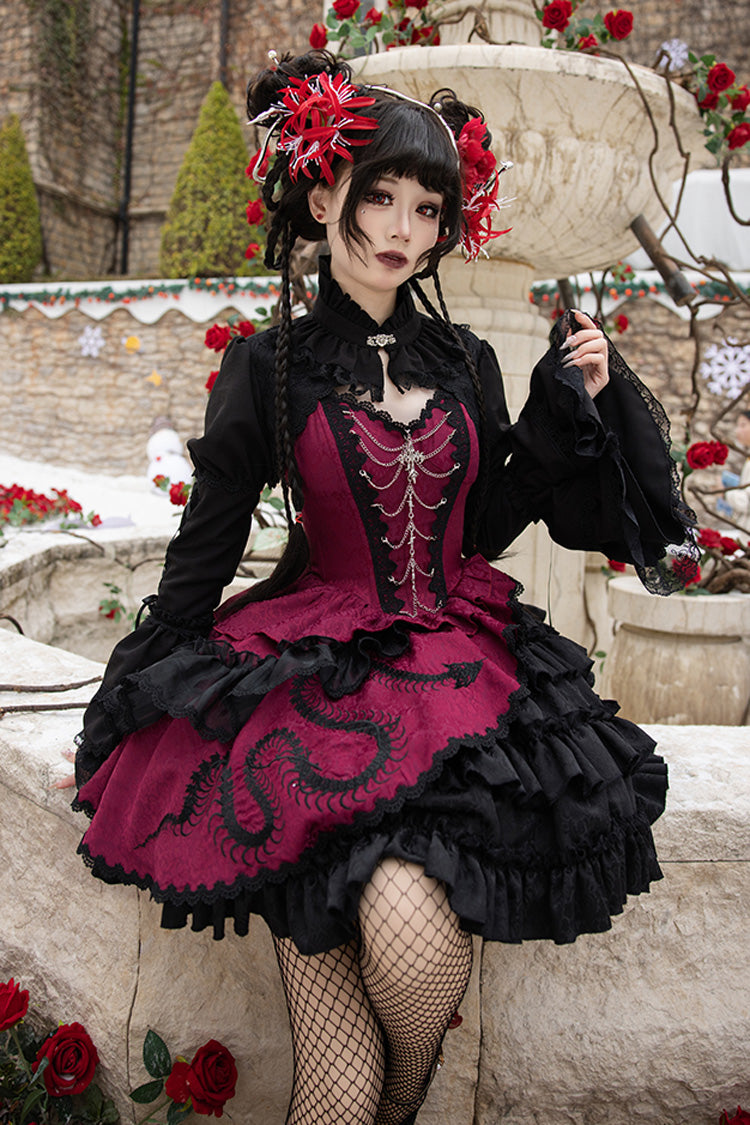 Black/Red Multi-Layered Ruffle Bowknot Lace Asymmetric Gothic Lolita Jsk Dress