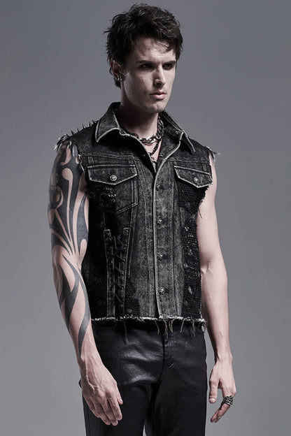 Black Rivets Lapel Collar Sleeveless Mens Steampunk Vintage Denim Vest