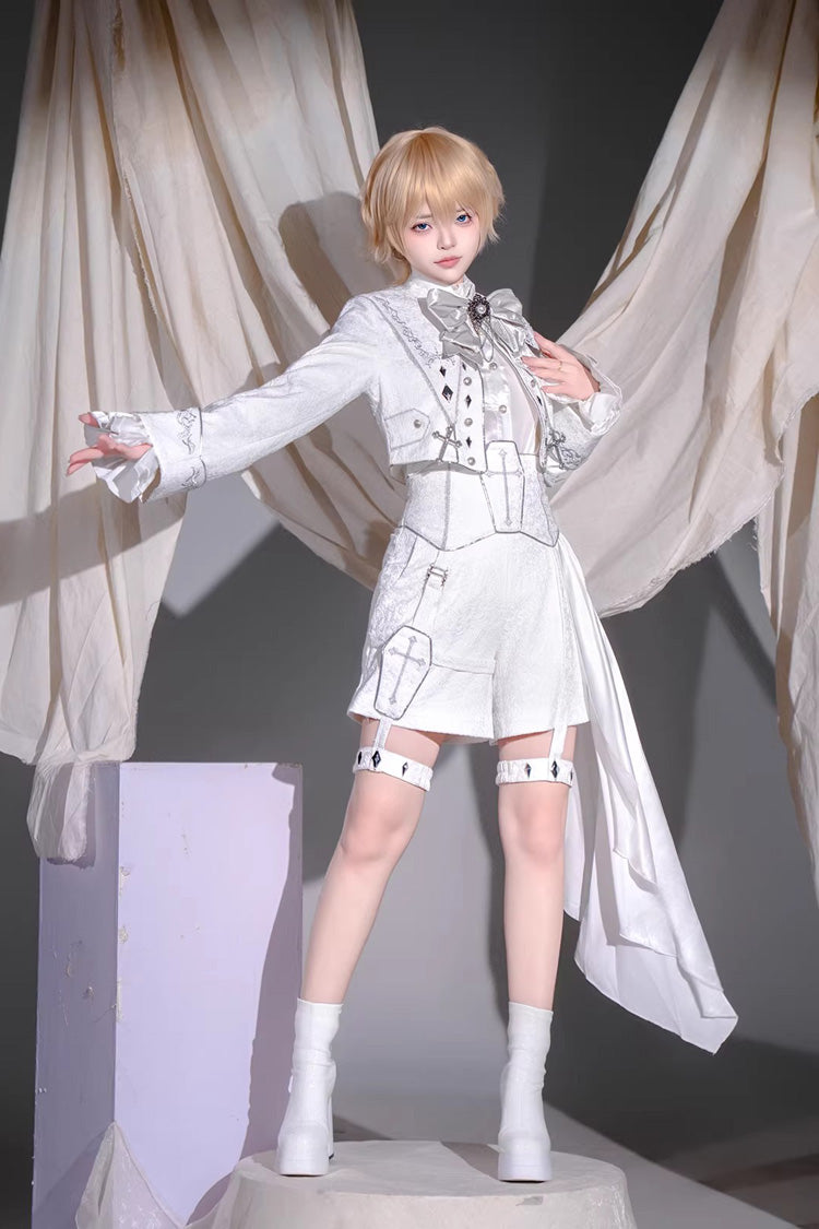 White [Silver-White Sacred Pact] Bow Asymmetric Gothic Prince Palace Ouji Lolita Shorts Coat Four-Piece Set