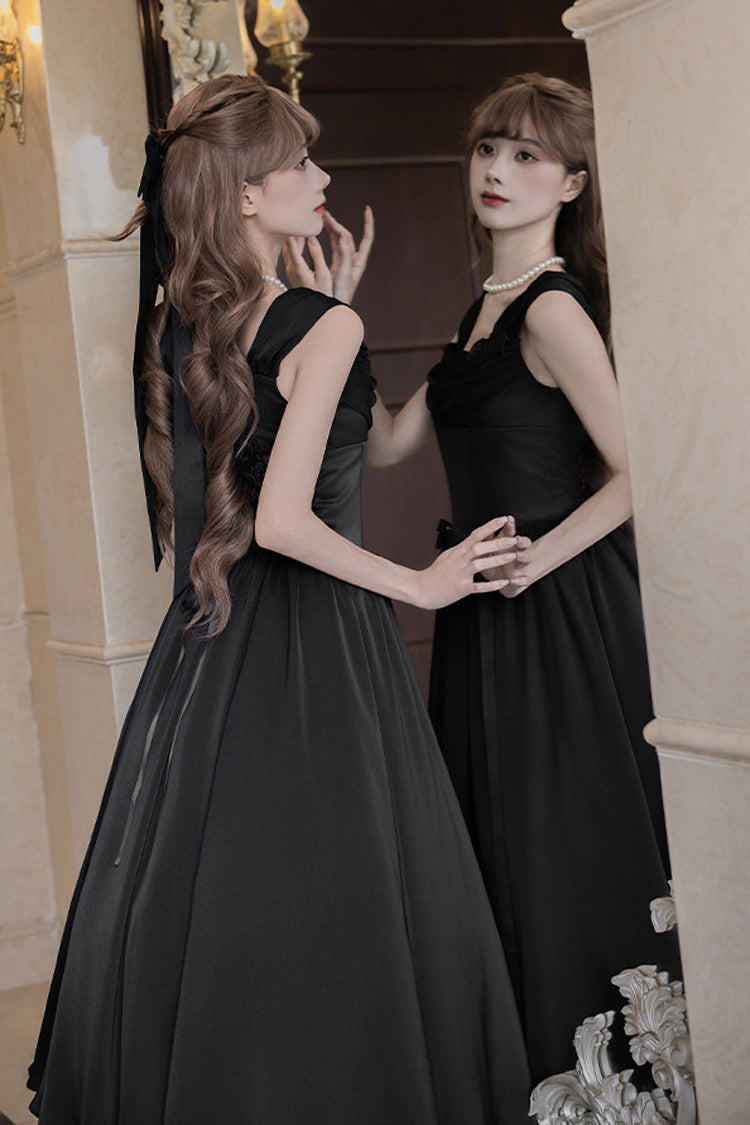 Black [With Love] Square Collar Sleeveless Fishbone Gothic Elegant Lolita Jsk Dress Set