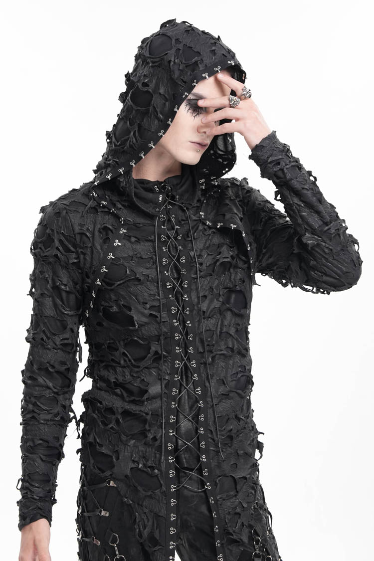 Black Studs Long Sleeves Lace-Up Ripped Men's Gothic Hooded Coat