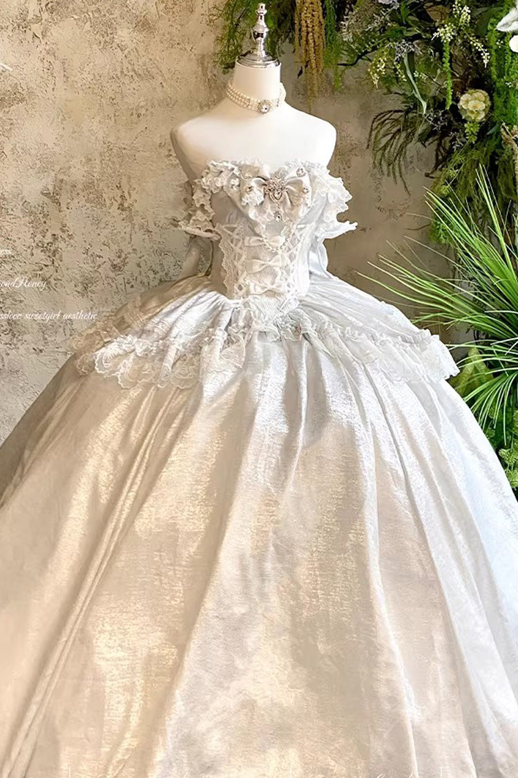 [White Moonlight Lover] Romantic Commemorative Ceremony Sleeveless Ruffled Bow Lace Lace-Up Sweet Elegant Lolita Strapless Dress 3 Colors
