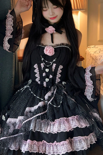 Black/Pink Galaxy Flower Language Multi-Layered Ruffle Bowknot Sweet Lolita Tube Top Dress