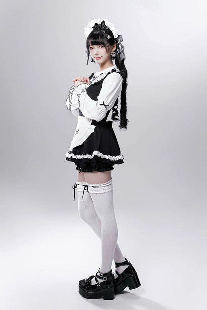 Black/White [Showcase Doll] Japanese Maid-Style Long Sleeves Ruffle Bowknot Jirai Kei Japanese Dress Shorts Set with Detachable Apron