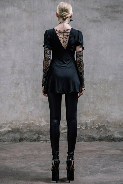 Black Sexy Mid-Length Patterned Lace Modal Women Gothic T-Shirt With Necklace