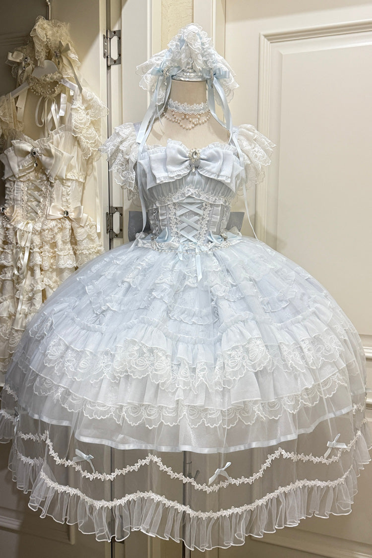 Blue [Eternal Vow] Sleeveless Multi-Layered Ruffle Hanayome Bowknot Lace Lace-Up Sweet Lolita Jsk Dress