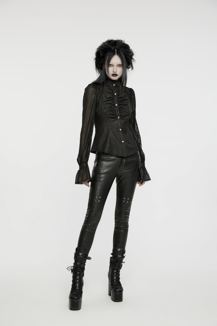 Black Stand Collar Stitching Mesh Women's Punk Blouse