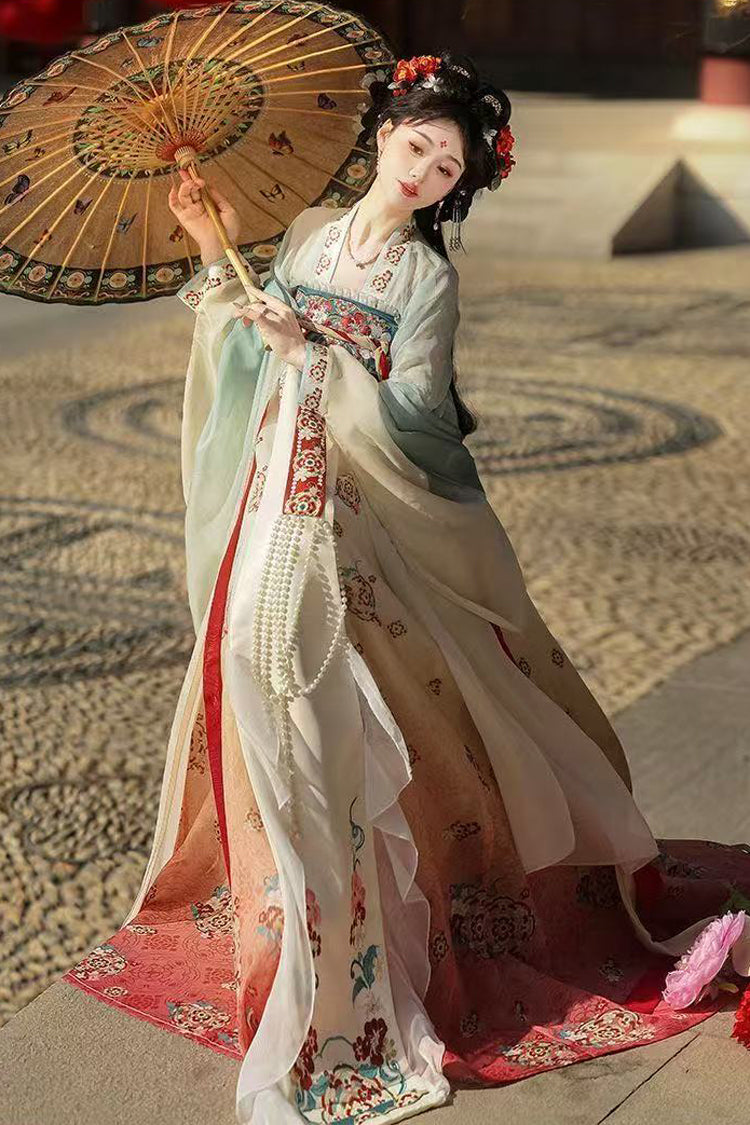 Blue/Pink High Waisted Print Embroidery Women's Classic Hanfu Dress Full Set
