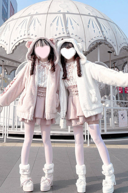 [Sleepy Bear Fluffy] Bear Ears Long Sleeves Bow Lace-Up Hooded Zippered Sweet Jirai Kei Japanese Coat