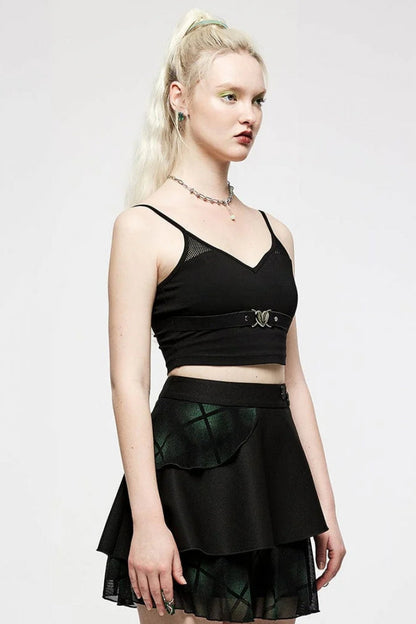 Black Short Sleeves Metal Heart Buckle Strap Slim Women's Punk Vest