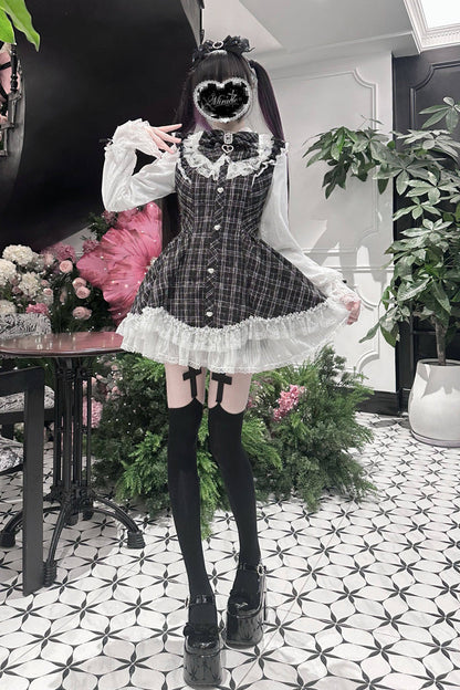 Black [Lunar Eclipse Doll] Long Sleeves Plaid Printed Ruffled Bow Lace Sweet Jirai Kei Japanese Dress Shorts Set