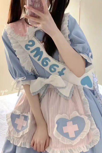 Blue Short Sleeves Love Redemption Print Ruffle Bowknot Lolita Dress
