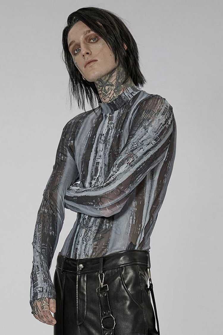 Black/Grey Punk High Collar Technology Sense Printing Elasticity Tight Long Sleeves Men's Shirt