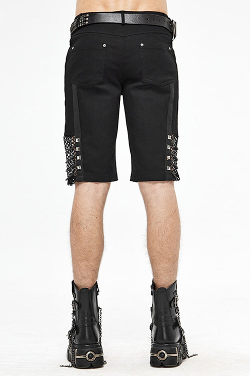 Black Punk Rough Rope Mesh Spliced Mens Fifth Pants