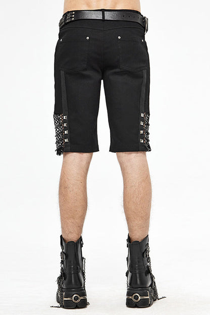 Black Punk Rough Rope Mesh Spliced Mens Fifth Pants