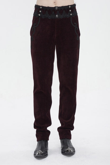 Red High Waisted Lace Splice Men's Gothic Pants