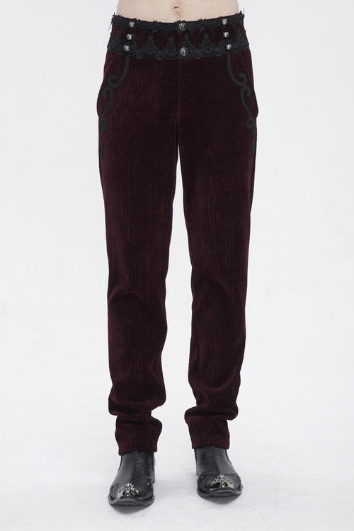 Red High Waisted Lace Splice Men's Gothic Pants