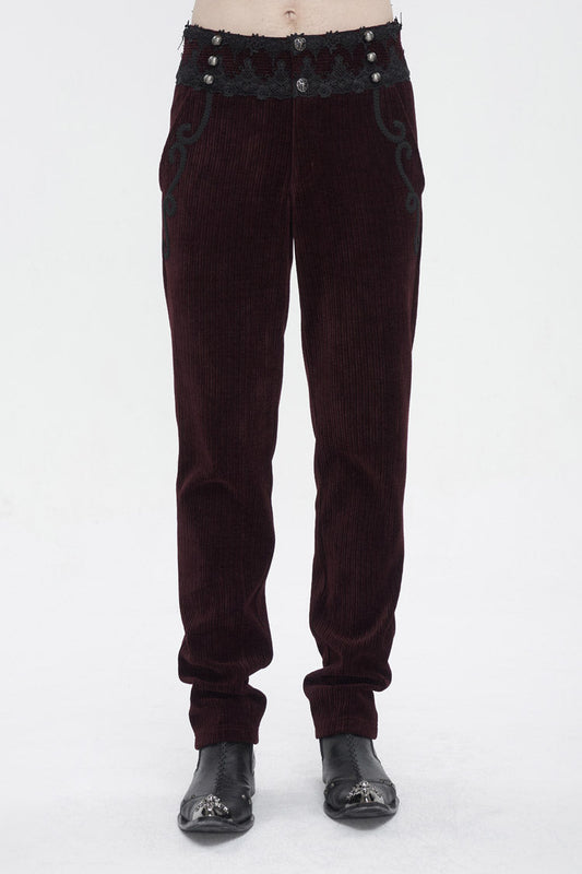Red High Waisted Lace Splice Men's Gothic Pants