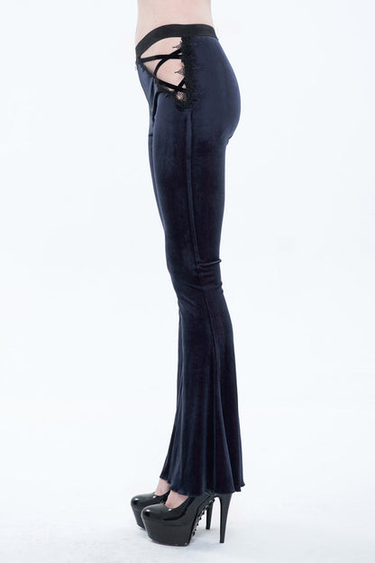 Black/Red Velvet Low-Rise Ribbon Cutout Flare Women's Gothic Pants