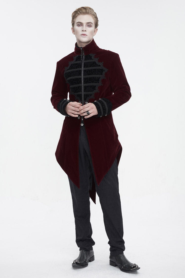 Red Stand Collar Lace Splice Swallow Tailed Men's Gothic Coat