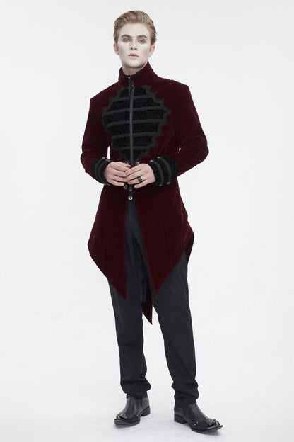 Red Stand Collar Lace Splice Swallow Tailed Men's Gothic Coat