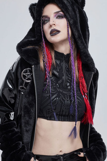Black Punk Cuff Pleated Design Metal Five-Pointed Star Shape Belt Decoration Cat Ear Women's Coat